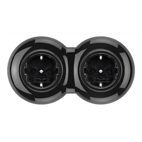 2-voudig stopcontact zwart porselein inbouw rond