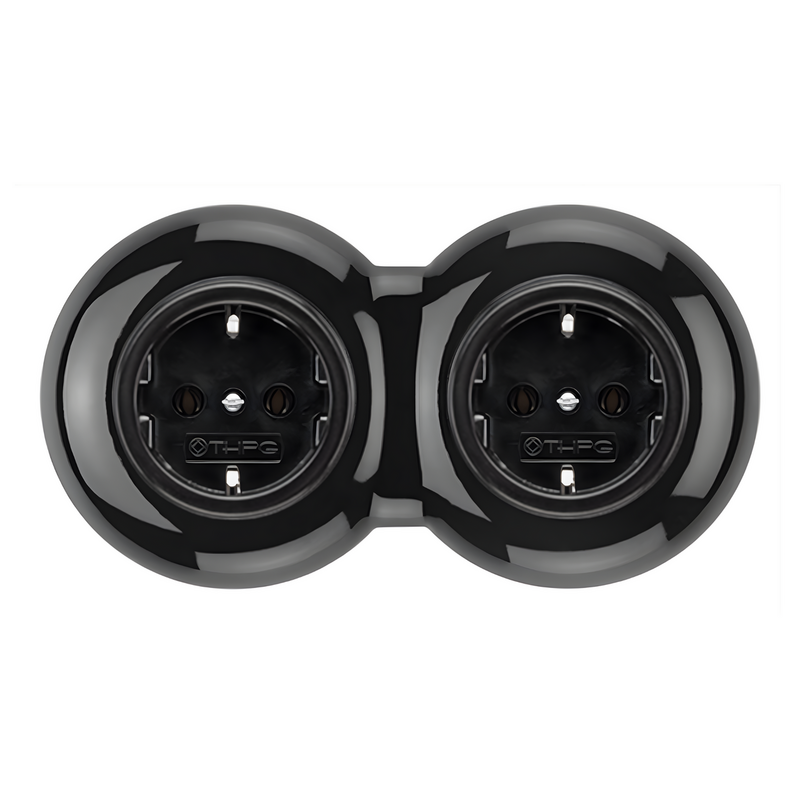 2-voudig stopcontact zwart porselein inbouw rond