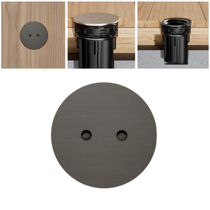 ROND 2.0 vloerstopcontact stopcontact geborsteld canon de fusil dark inclusief houder houtenvloer tegelvloer hout tegel