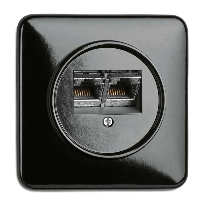 Bakeliet RJ45 netwerkaansluiting vierkant zwart - jaren 30 schakelmateriaal THGP