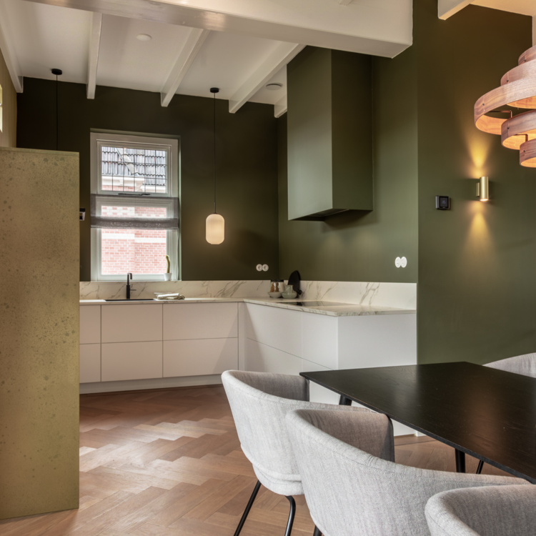Wit bakeliet schakelmateriaal in moderne keuken met groene wanden en wit stalen deuren