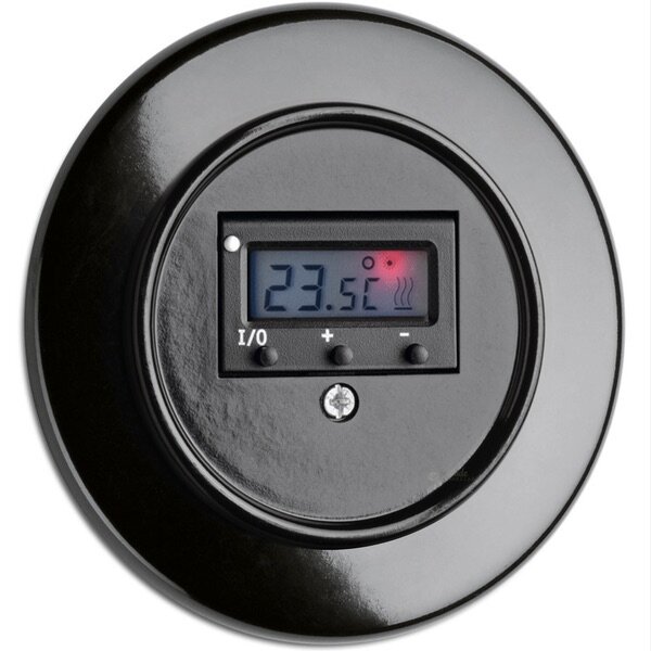 Bakeliet thermostaat zwart inbouw met rond afdekraam