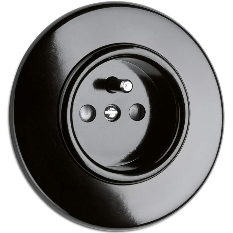 Bakeliet stopcontact penaarding penaarde Belgie zwart inbouw met rond afdekraam