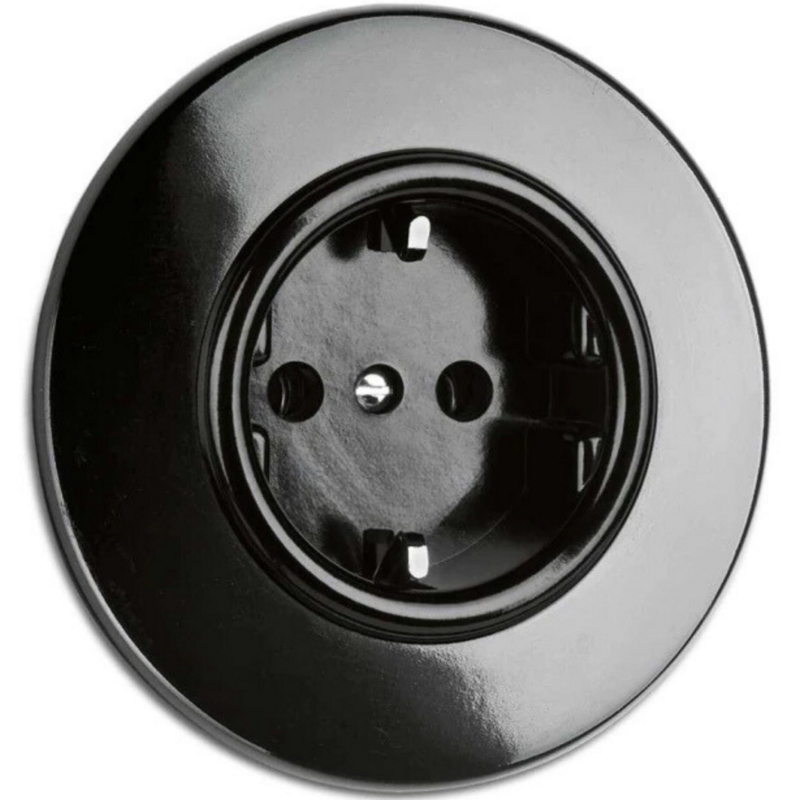 Bakeliet zwart stopcontact inbouw met rond afdekraam