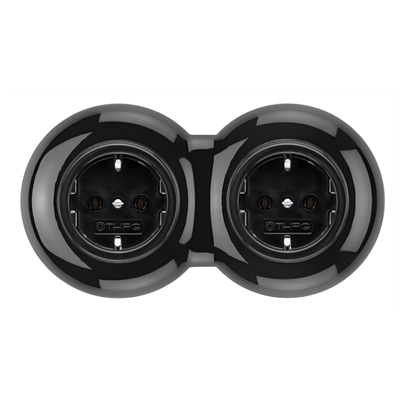 2-voudig stopcontact zwart porselein inbouw rond